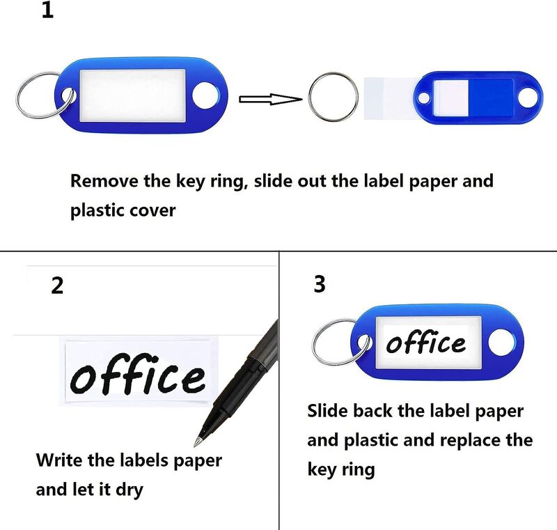 Plastic Keychain Key Tags com Split Ring, etiqueta de nome, Bagagem Chaveiro, 50 pcs, 10pcs