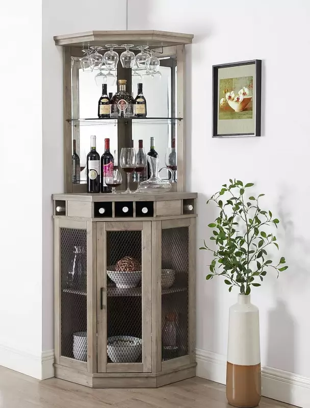 Unidad de barra esquinera gris de piedra para el hogar, estante de vino incorporado, gabinete de barra inferior para licor y vasos, almacenamiento, 73"