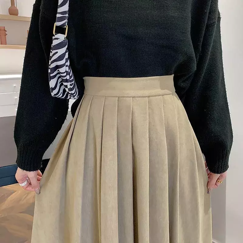 Женская плиссированная юбка в стиле преппи, осенне-зимние длинные юбки с высокой талией, Женские однотонные трапециевидные юбки в Корейском стиле