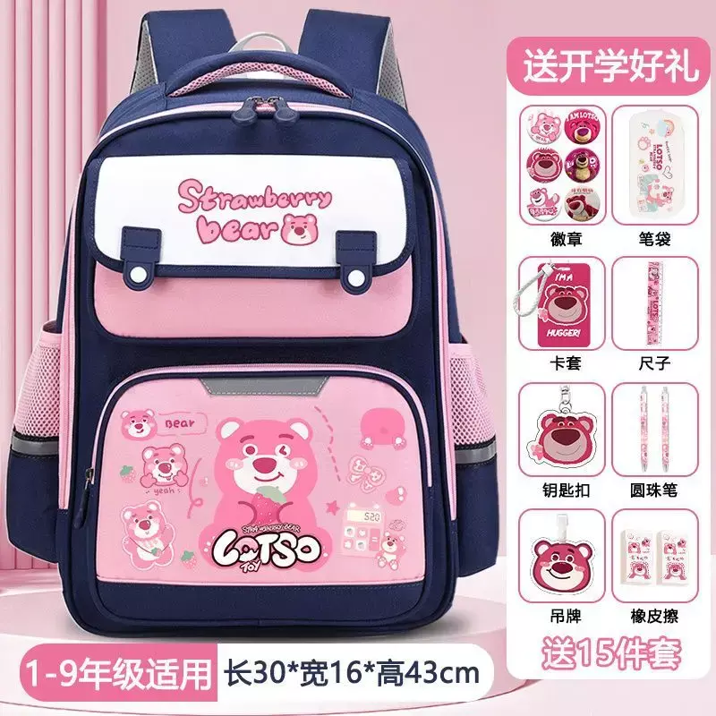 Sanrio-mochila escolar con diseño de oso de fresa para hombre y mujer, morral protector de gran capacidad con dibujos animados, ideal para estudiantes y niños