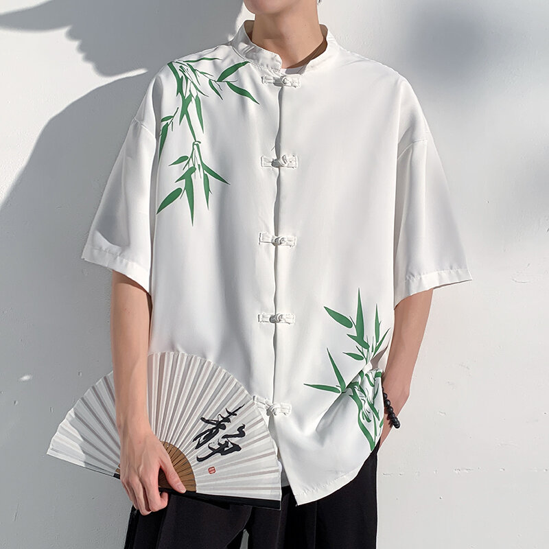 Новинка лета 2024, мужская повседневная рубашка Hanfu в китайском стиле с принтом бамбука и пуговицами-узелками, одежда для улицы