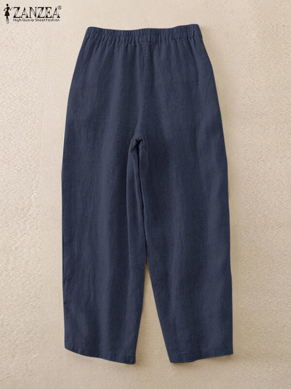ZANZEA celana panjang kasual wanita, celana panjang kasual ukuran besar bahan Linen katun, celana lurus elastis pinggang Solid 2024
