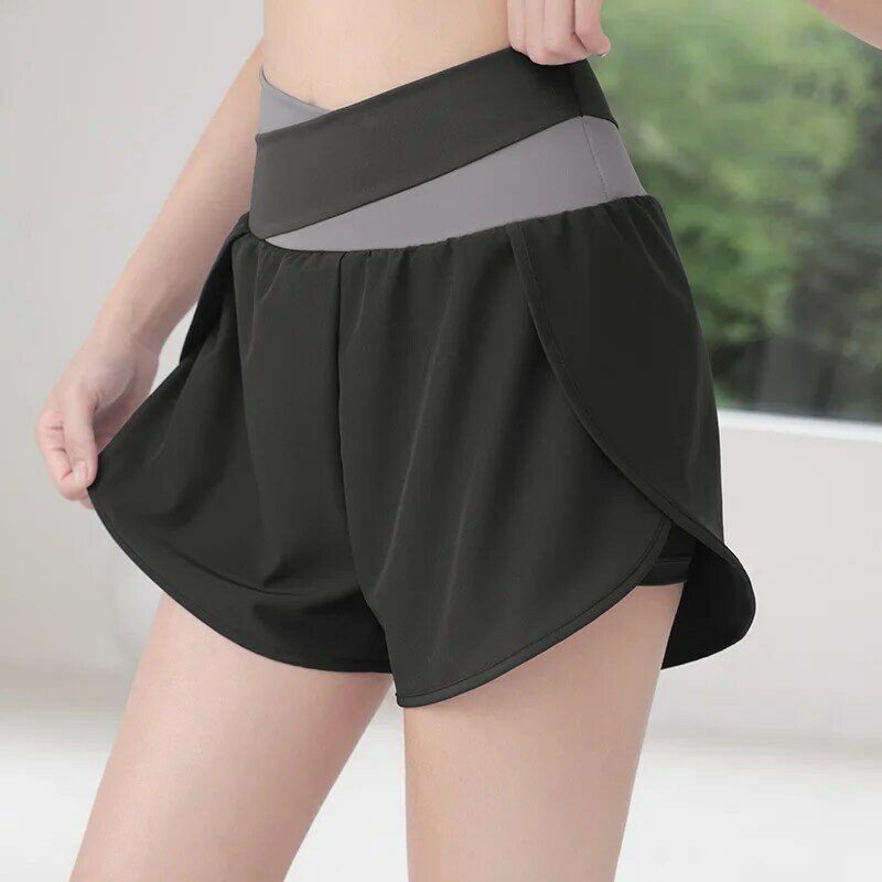 Women's Running Fitness Breathable Quick Dry Side Pockets Anti-Shine Fake Two Piece Yoga Sports Shorts