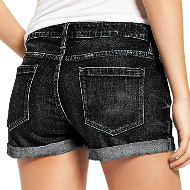 2024 Women’s Ripped Denim Shorts Summer Beach Wild Chic Sexy Mid Waist Rolled Cuff Distressed Stretchy Slim Casual Shorts