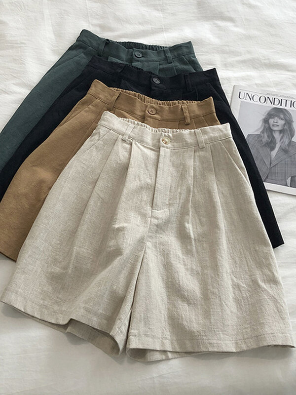 Elegant Cotton Linen Shorts for Women 2024 Summer Basic Wide Leg Knee-length Shorts Classic Retro Slim High Waist Short Pants