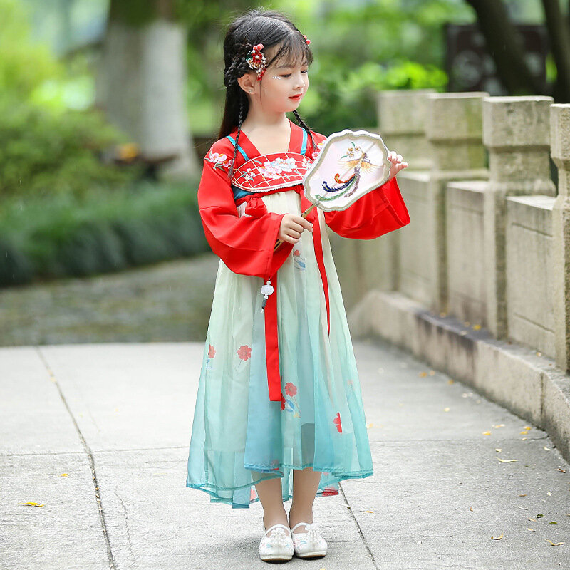 소녀 가을 새로운 동양 레트로 레드 자수 Hanfu 드레스 중국어 스타일 전통 치마 파티 저녁 성능 Vestido