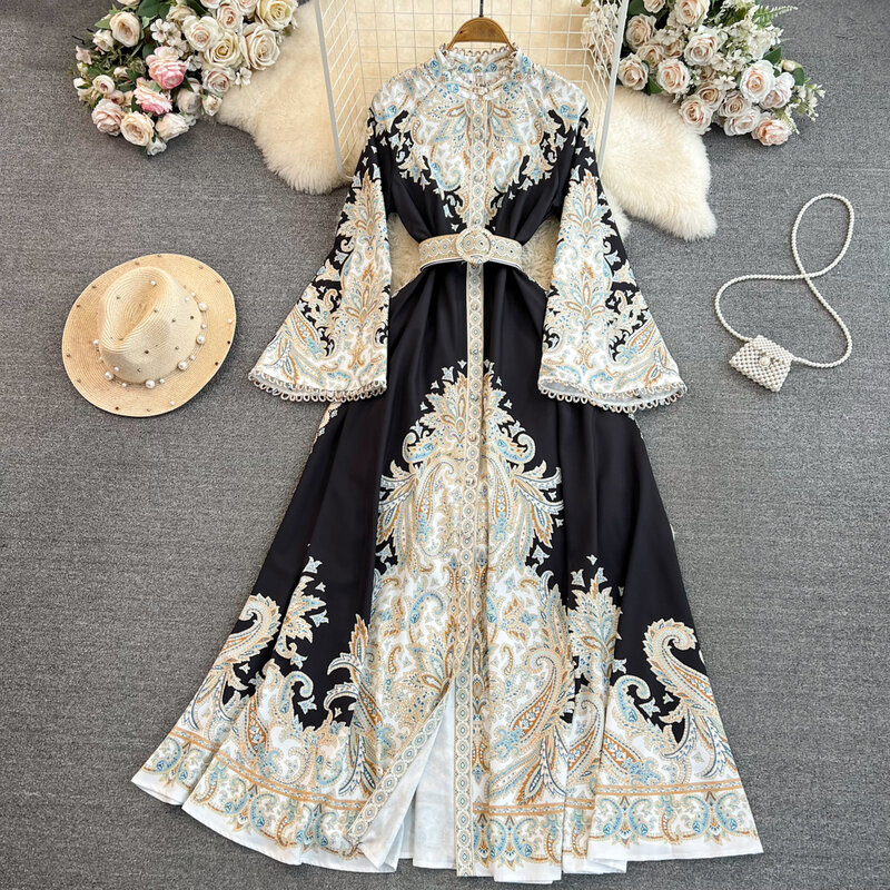 Vestido Maxi de manga comprida floral estampado feminino, vestidos vintage elegantes, vestido de festa boho, vestido de baile de luxo, senhoras, outono