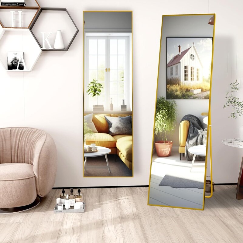 FANYUSHOW Full Length Mirror, Standing Hanging or Leaning Body Mirror, Simple Rectangle Design, Aluminum Alloy Thin Frame