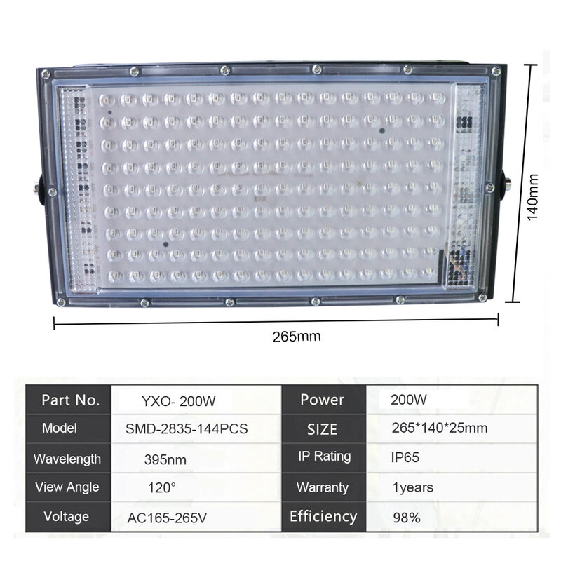 395nm 400nm Led UV Floodlight 220V Waterproof Ultravilet Lamp UV LED Chip 50W 100W 200W Fluorescent Effect Party Stage Backlight