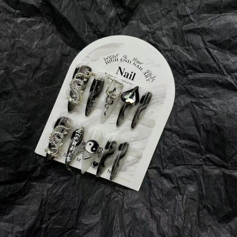 10 Stuks Handgemaakte Pers Op Nagels Inkt Stijl Kist Nep Nagels Full Cover Metaal Contrast Kunstmatige Manicure Draagbare Nail Tips Art