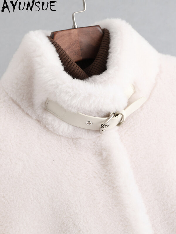 AYUNSUE elegancka 100% strzyżenie owiec kurtka damska długi futrzany płaszcz zimowe kurtki ciepła wełna stojący kołnierz Menteaux Femme Hiver