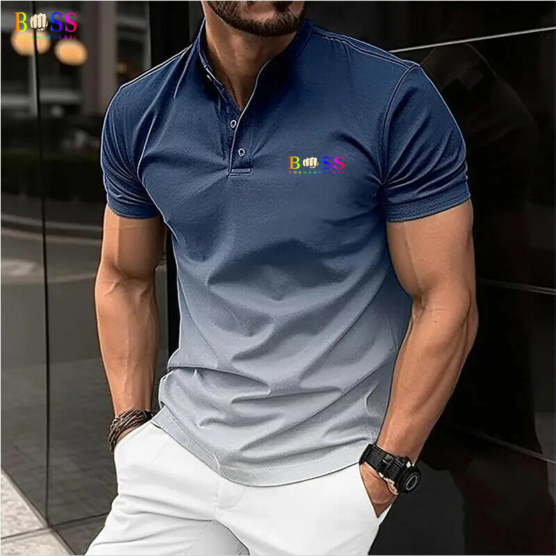 Camiseta esportiva simples solta masculina, camisa na moda europeia e americana, camisa POIO com botão de contraste primavera e verão