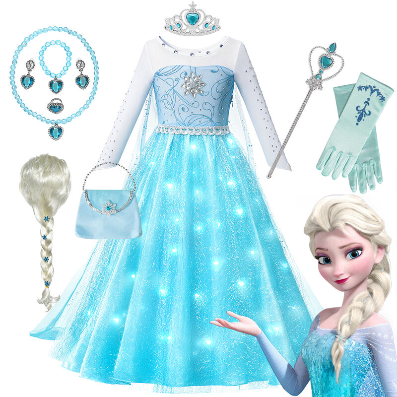 Disney Elsa Light Up Princess Costume for Girls 2024 Halloween Carnival Party Dress Up 2-10 Years Kids Birthday Cosplay Dress