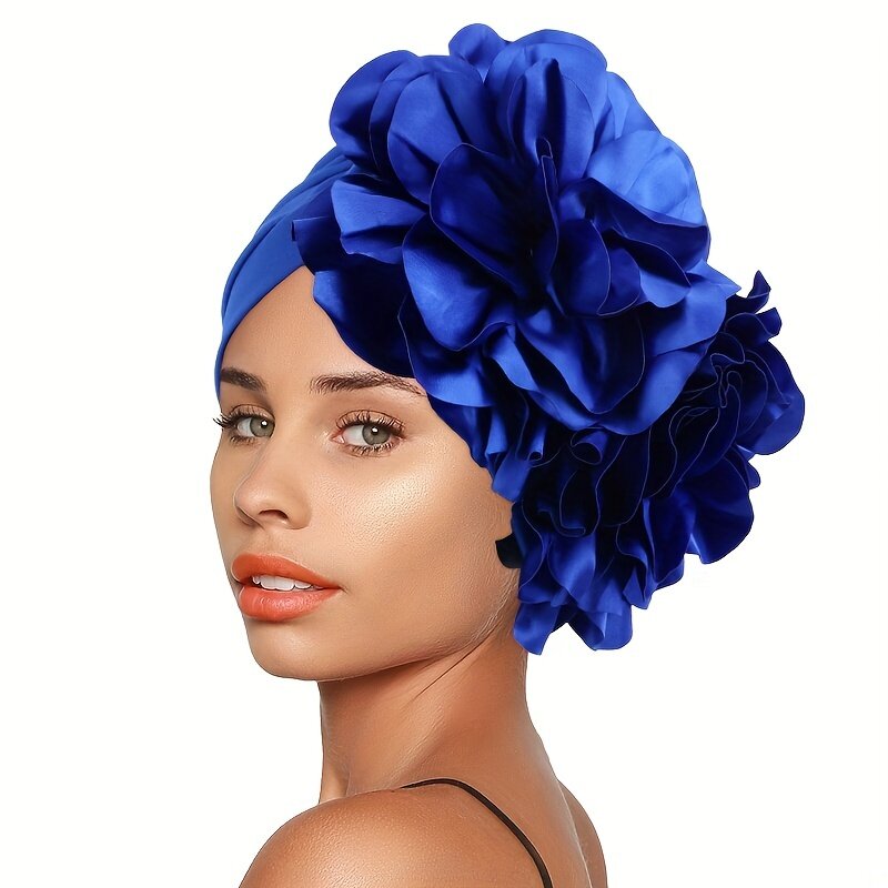 ฮิญาบผ้าโพกหัวสไตล์แอฟริกันดอกไม้ใหญ่สองชั้นสีทึบแฟชั่นพร้อมสวมใส่หมวกสำหรับผู้หญิงพันหัวมุสลิม