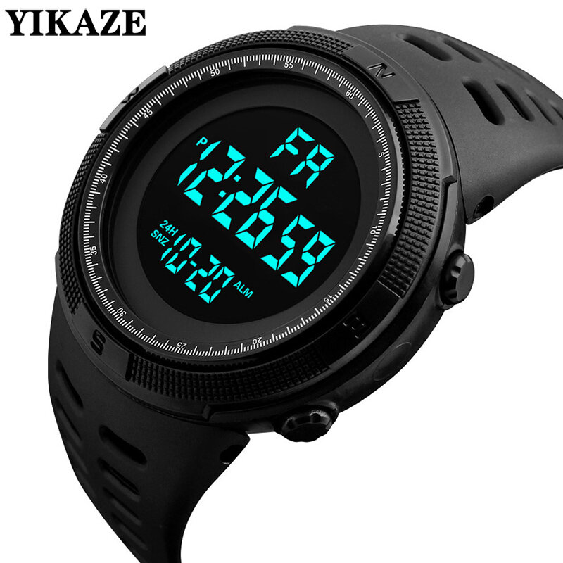 Yikaze นาฬิกาอิเล็กทรอนิกส์ดิจิตอลสำหรับผู้ชาย, นาฬิกากีฬาเรืองแสง50มม. หน้าปัดใหญ่นักเรียนกลางแจ้งผจญภัยนาฬิกานาฬิกาข้อมืออเนกประสงค์