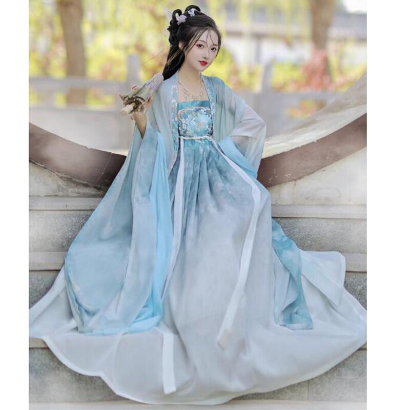 Han Dynatsy Hanfu-vestido azul tradicional chino para niña, Kimono moderno de manga grande, capa bordada, Tops, falda