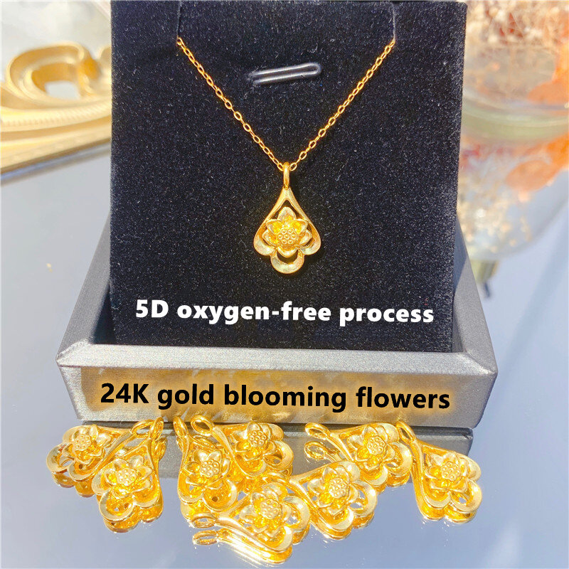 Pendentif Rose en or pur 999, bijoux exquis, cadeau pour femme et petite amie, collier trèfle à quatre feuilles en or 24k