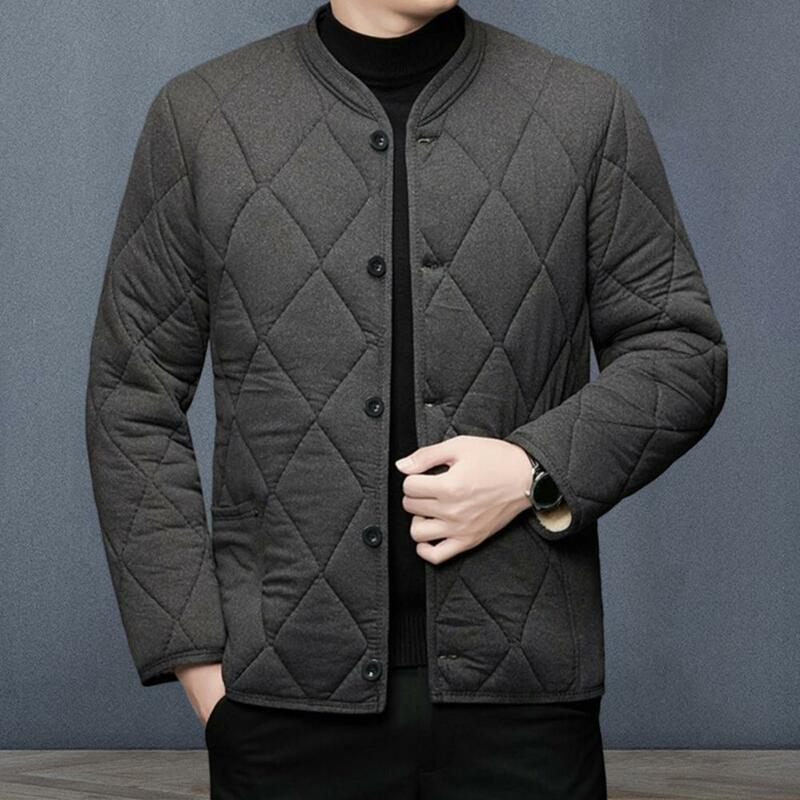 Men Fall Winter Jacket Stand Collar Padded Men Cotton Coat Thickened Soft Warm Long Sleeve Single-breasted Mid-aged Men Coat