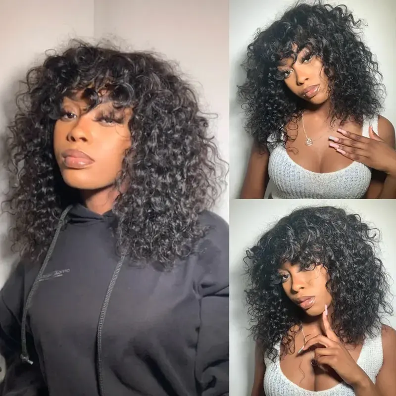 Glueless Curly Human Hair Wigs Machine Made Scalp Top Wig With Bangs  200% Density Shoulder-Grazing Curly Wig with Wispy Bangs