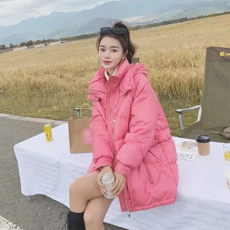 Jaket Parka wanita, jaket musim dingin katun bertudung serbaguna wanita panjang setengah longgar versi Korea elegan 2023