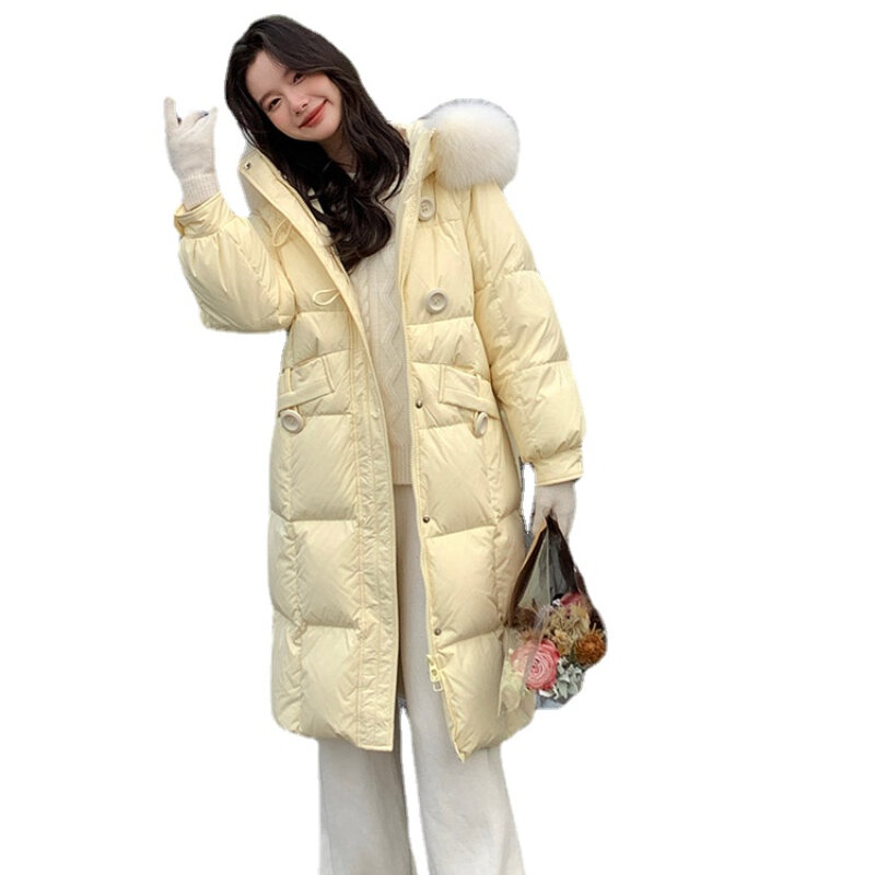 Winter New High End Women Down Coat Fashion Slim Fit White Duck Down Female Topcoat Hooded Real Wool Neck Parkas