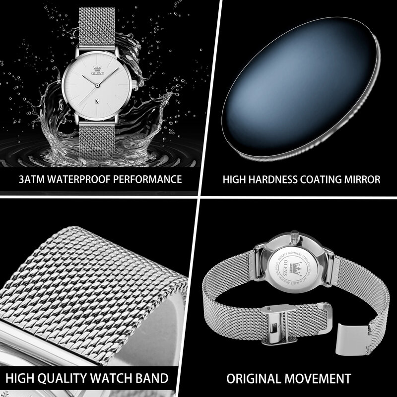 OLEVS Relógio de quartzo ultra fino masculino, relógio de pulso impermeável, pulseira de aço, moda casual
