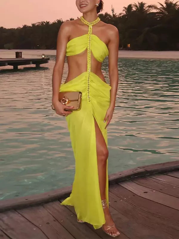 Seksowna, tkana sukienka z łańcuszkiem z ryb dla kobiet modna z odkrytymi ramionami Maxi Vestidos 2024 letnia elegancka damska sukienki plażowe