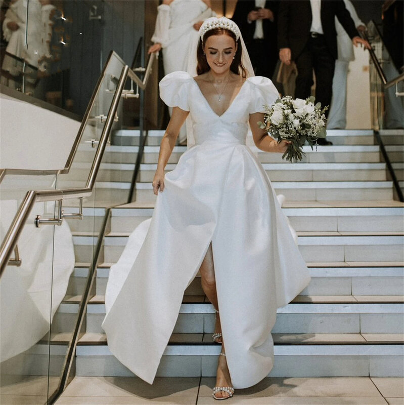 Платье атласное ТРАПЕЦИЕВИДНОЕ с V-образным вырезом и пышными рукавами, простой сарафан с разрезом спереди и открытой спиной, романтичная Свадебная Швабра для невесты, на заказ