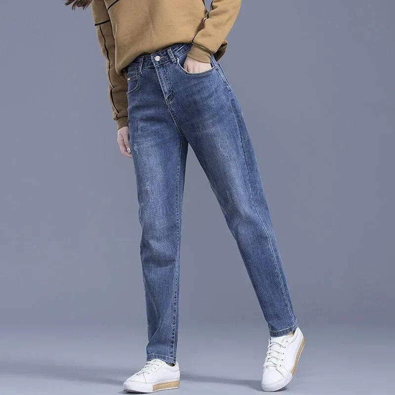 Elastische Harlan Jeans Met Hoge Taille 2024 Lente/Zomer Losse Casual Vintage Denim Broek Negen Punt Lange Broek Dames