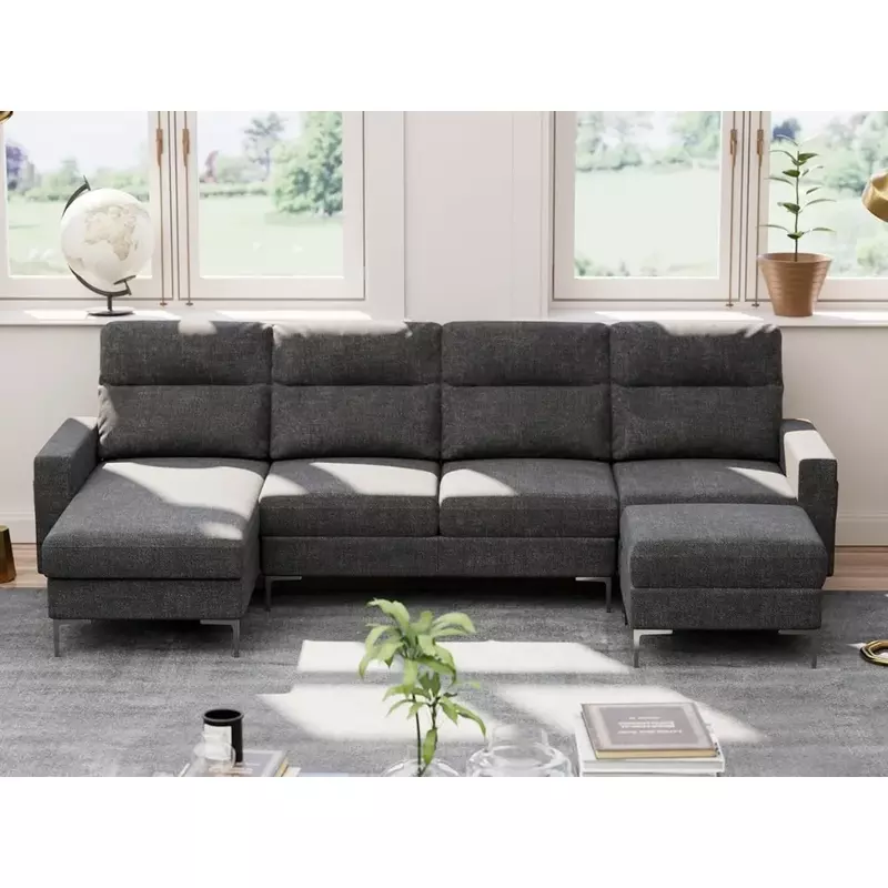 Canapé sectionnel en forme de U, sofa 4 places en tissu, pieds métalliques, pour salon, gris foncé