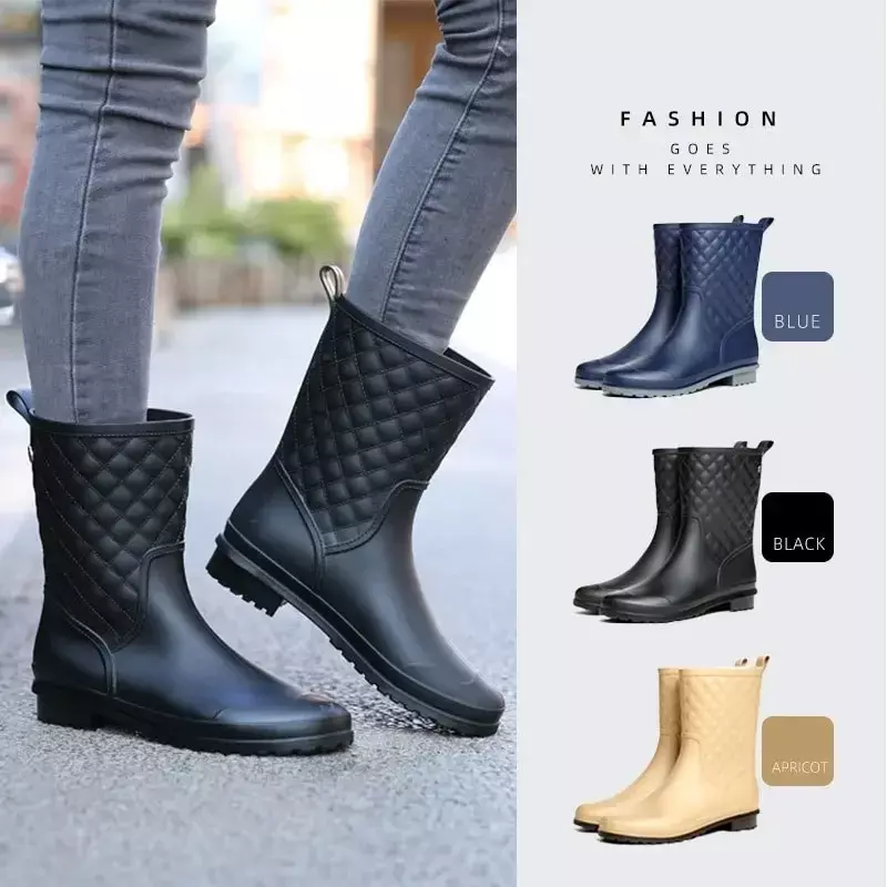 Women Ankle Rain Boots Non-Slip Fleece Removable Waterproof Water Shoes Woman Slip-on Cartoon Rainboots Wellies
