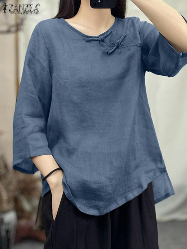 ZANZEA-Blusa de manga 3/4 con cuello redondo para mujer, camisa informal de algodón liso con dobladillo asimétrico, Estilo Vintage, para otoño, 2023
