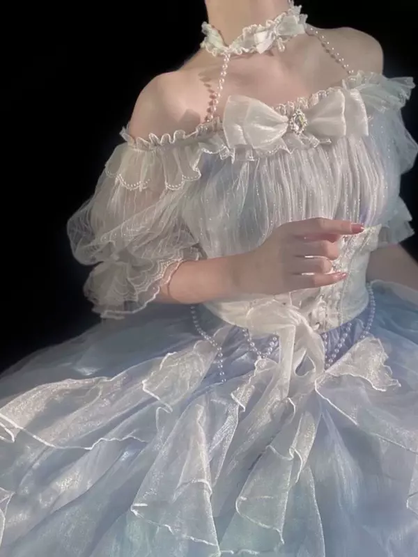 فستان لوليتا اوب بنمط رومانسي للفتيات ، تأثيري الأميرة الأنيقة ، كم منفوخ ، شريط ، عقدة فيونكة ، تونك زهور ، شبكة رائعة ، فرنسية