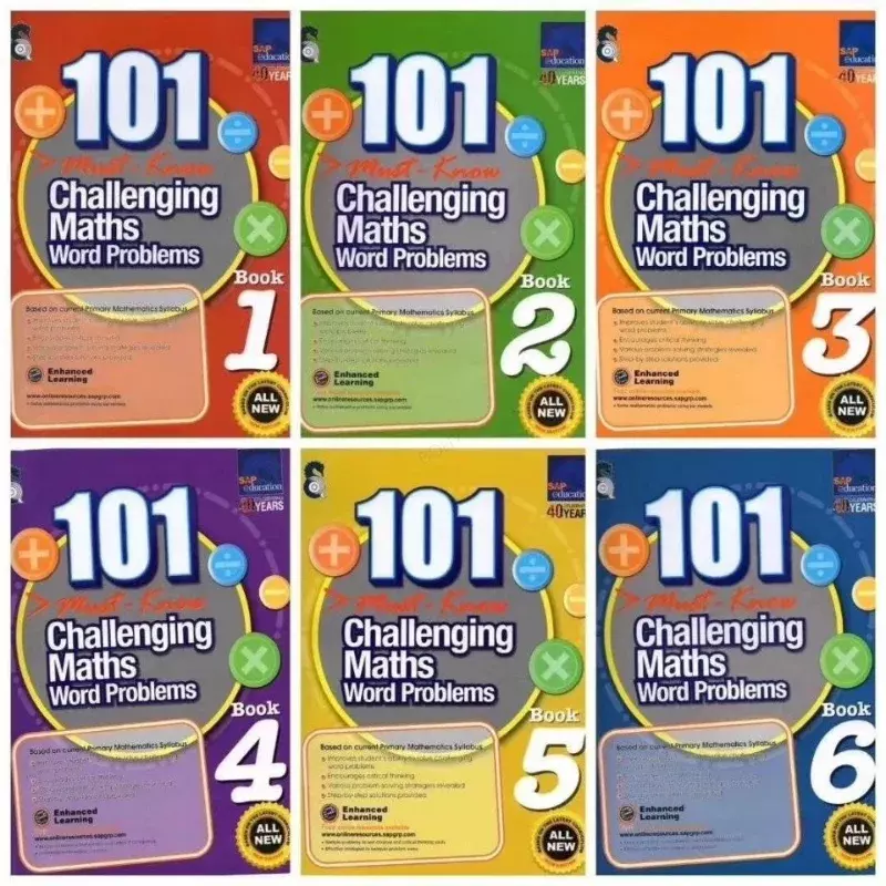 كتاب ممارسة الرياضيات ، تحدي ، الرياضيات ، مشاكل الكلمات ، مدرسة سنغافورة الابتدائية ، الصف 1-6 ، كتاب انجليزي ، 6 كتب مجموعة ، 101