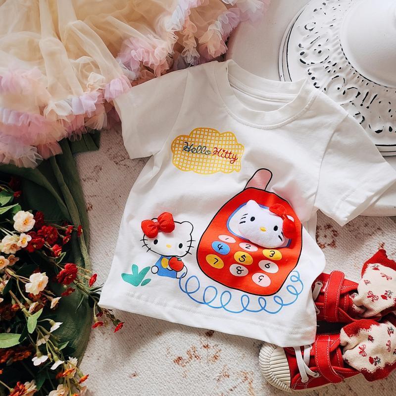 Anime Sanrioed Hello Kittys dziecko bawełniana koszulka Kawaii Kt Cat Girls modna z krótkim rękawem 3D ozdobne rysunki topy w koreańskim stylu prezent