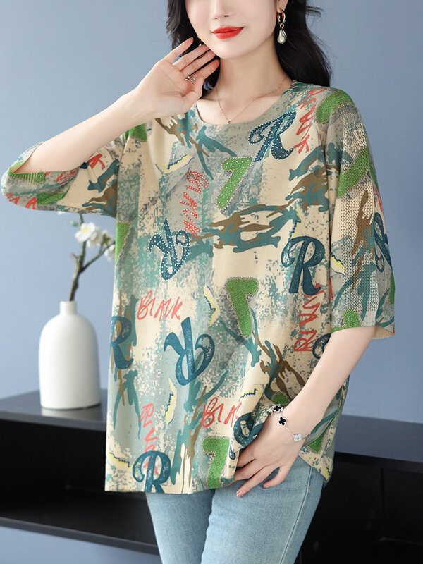 Camiseta de malha oca estampada feminina, top solto, pulôveres t-shirt, roupas femininas, Y2K, verão, 2024