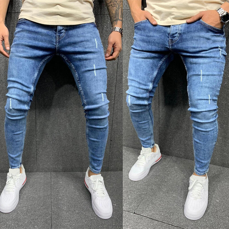 New Men's Jeans Zipper Business Casual Straight Pencil Pants Street Jogging Jeans Spring And Autumn Striped Denim Trousers Men
