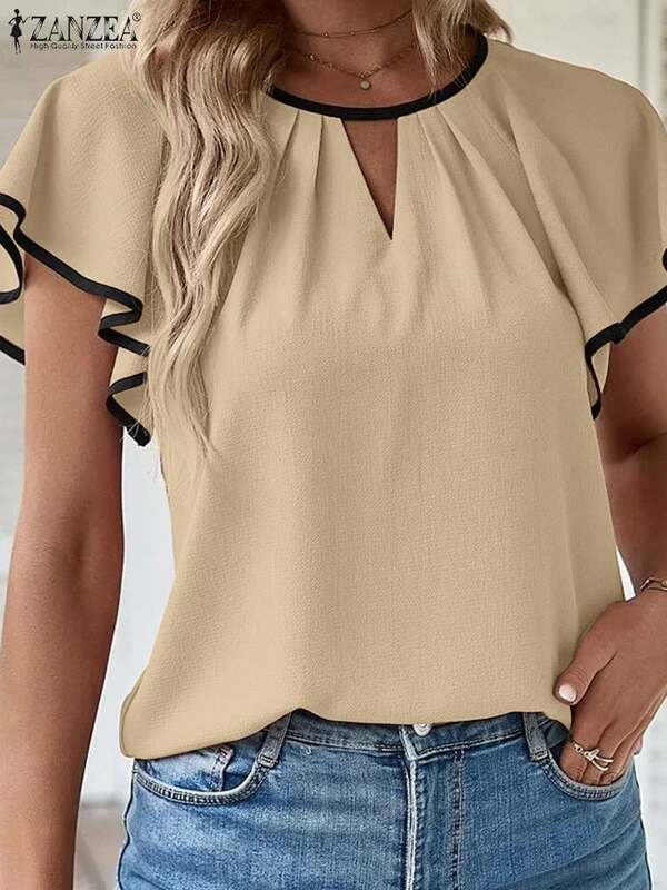 2023 ZANZEA letnia bluzki na imprezę damska bluzka z okrągłym dekoltem na co dzień jednolite, luźne koszula do pracy kobieca elegancka bluza biurowa tunika plażowa