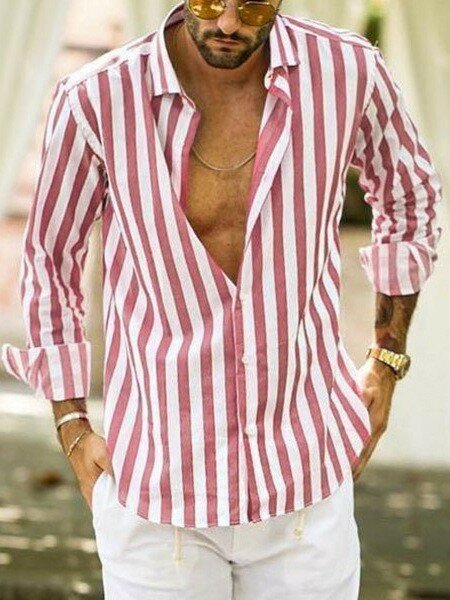 남성 코튼 린넨 스트라이프 버튼 다운 긴 소매 셔츠, 비즈니스 포멀 셔츠 Camisa Social Masculina 인기 판매