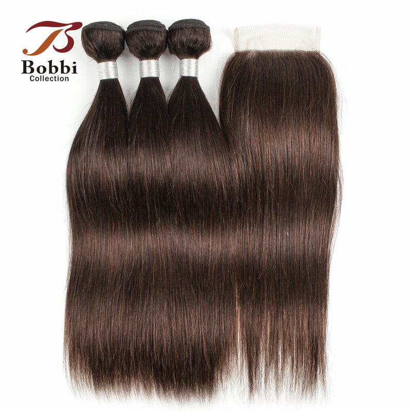 Fasci di capelli lisci marrone scuro 2/3 con chiusura in pizzo 4x4 tessuto di capelli umani Remy collezione BOBBI da 12-24 pollici