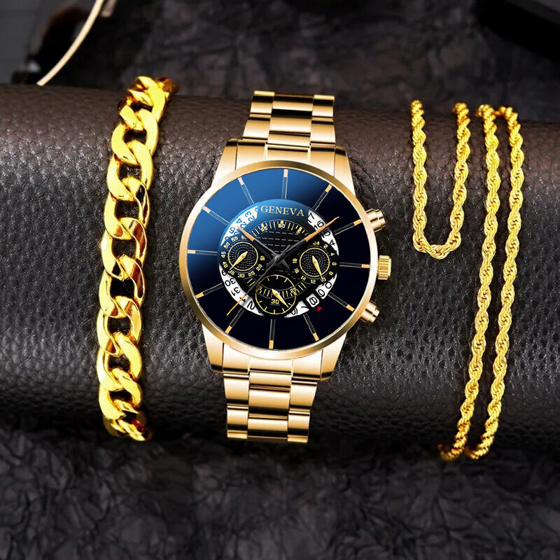 남성용 비즈니스 패션 시계, 캐주얼 골드 팔찌 목걸이, 스테인레스 스틸 쿼츠 손목 시계, 3 개 세트