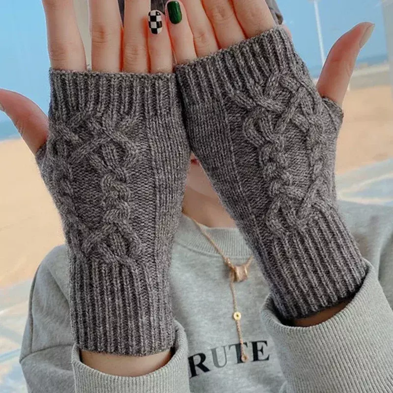 Gants unisexes en laine à demi-doigts pour femmes, gants de bras doux et chauds, mitaines d'hiver