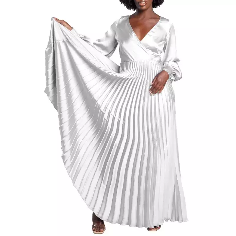 여성용 아프리카 파티 이브닝 드레스, 용수철 우아한 아프리카 긴 소매 V넥 플리츠 맥시 원피스, 다시키 아프리카 의류, 2024