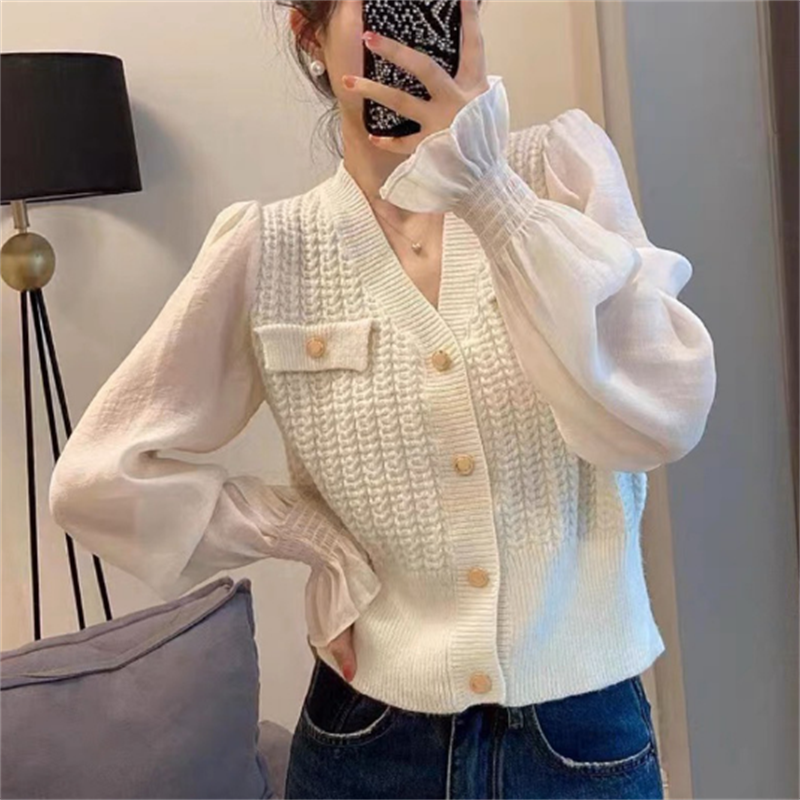 New 2023 Spring Thin Temperament French Knit Stitching knitted Sweater Women Fashion Office Solid Color V-neck