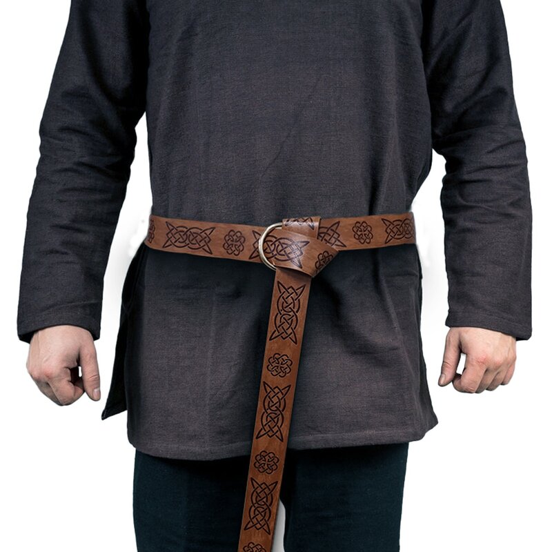Vegvisir-Cinturón de cuero PU con relieve Medieval para hombre, cinturón con anillo redondo, hebilla Retro, pretina negra