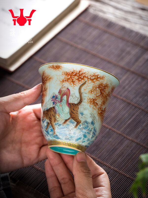 Zhongjiayao-Tasse à thé en céramique Jingdezhen pour hommes, haute qualité, privée, faite à la main, alun, peinture rouge, or, dragon, subduing Arhat
