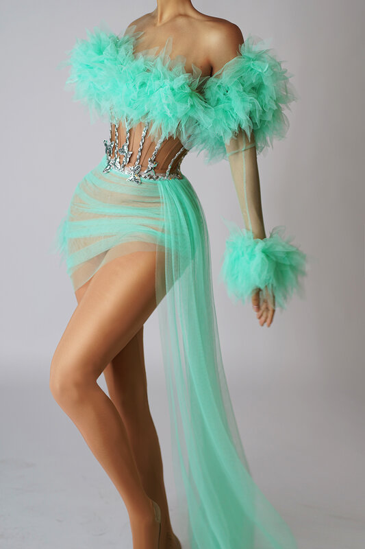 Gaun pesta dansa wanita dekorasi kupu-kupu payet 2024 gaun Prom pendek hijau Mint dengan kereta samping Xinshenlv
