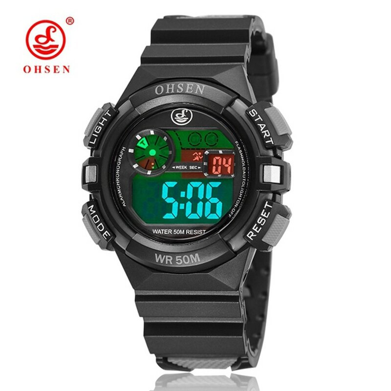 OHSEN Kids Digital Watches Student Children Sports Military Watch Fashion Luminous Led Alarm Green Boy Silicone Stopwatch Clock