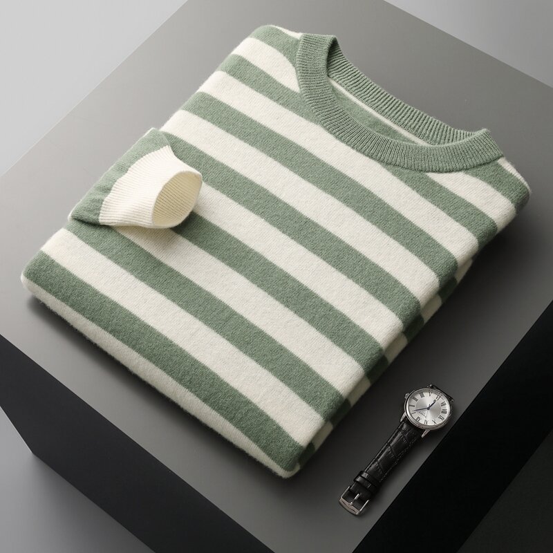 autumn and winter New 100% merino wool cashmere sweater men's O-neck pullover knitted striped contrast fashion loose top coat