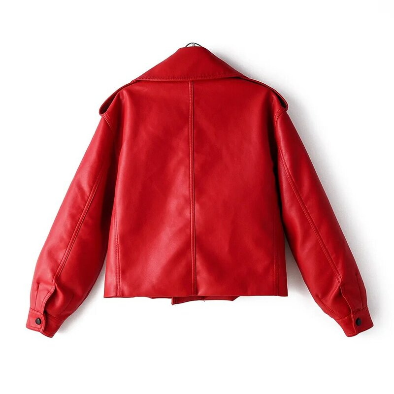 SUSOLA New Autumn Women Faux Leather Jacket Pu Motorcycle Biker Red Coat Turndown Collar Loose Streetwear Black Punk Outerwear